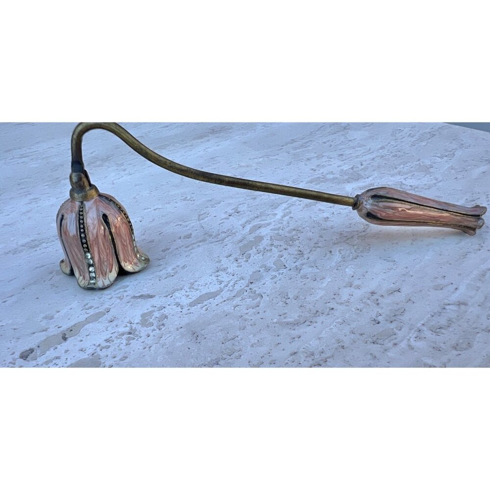 Floral Candle Snuffer With Pink Enamel & Rhinestones 6.5" L Brass Handle 1.5" D